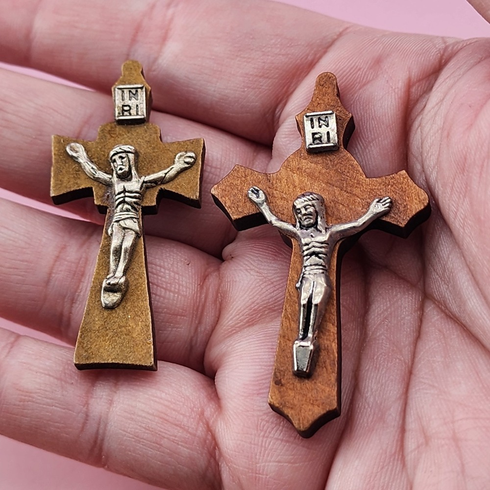 Lot of 2 Wood Crucifix Cross Pendants Silver Tone Jesus INRI Catholic Religious